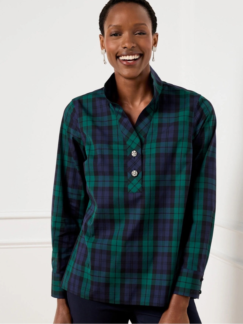 NWT Talbots Green & Navy Plaid Button-Accent Shirt